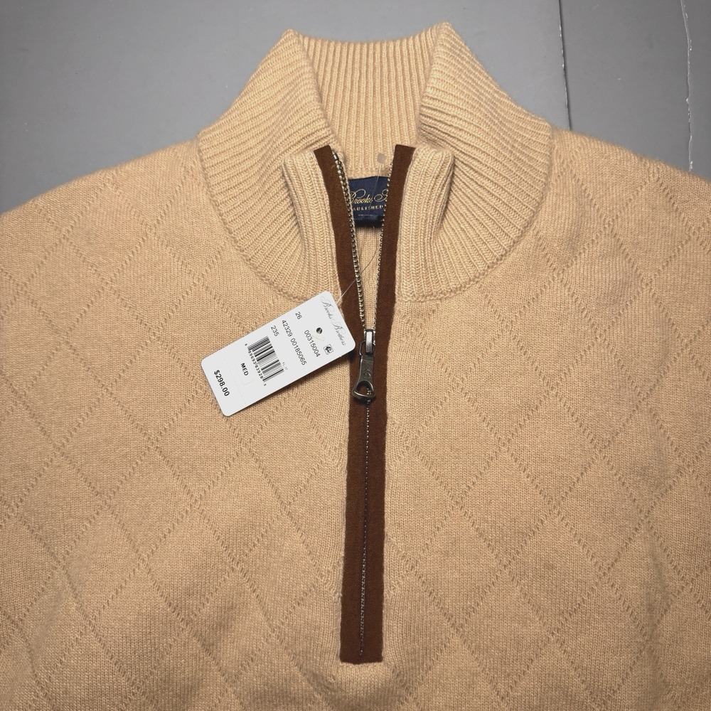 Brooks Brothers NWT Men M Heavyweight Merino Cashmere 1/4 Zip Italian Yarn Beige